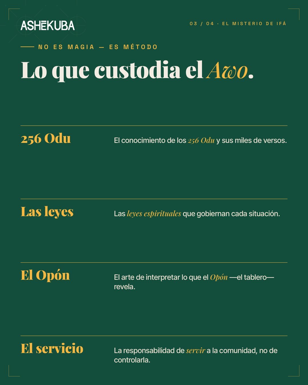 Lo que custodia el Awo: los Odu, las leyes, el Opón y el servicio