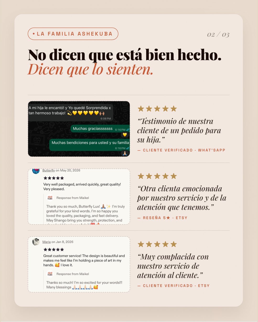 Reseñas reales de clientes de Ashekuba en WhatsApp y Etsy