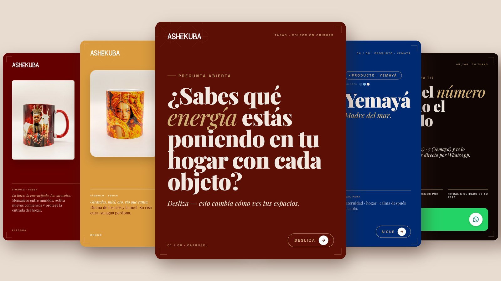 Tazas de los Orishas de Ashekuba: Elegguá, Oshún y Yemayá