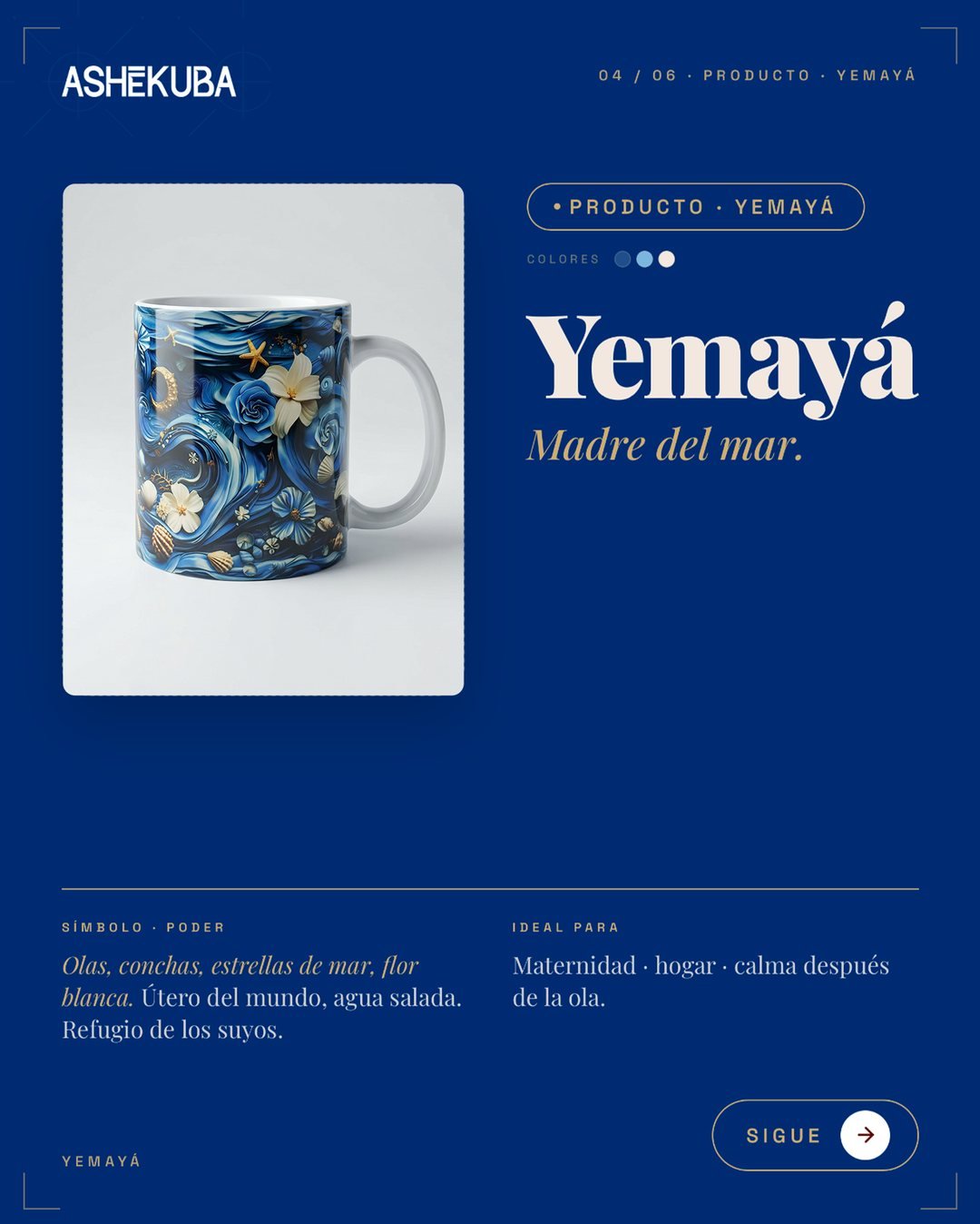 Taza de Yemayá de Ashekuba en azul y blanco