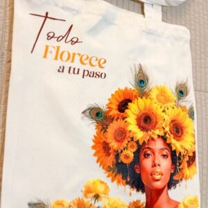 Bolsa de lienzo de Oshún de Ashekuba con girasoles, vista completa