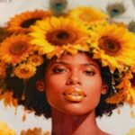 Detalle de los girasoles del diseño de Oshún en la bolsa de lienzo