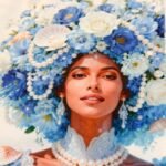 Detalle del diseño de Yemayá con flores azules y perlas en la bolsa de lienzo