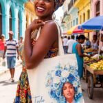 Mujer sonriente con la bolsa de lienzo de Yemayá de Ashekuba al hombro