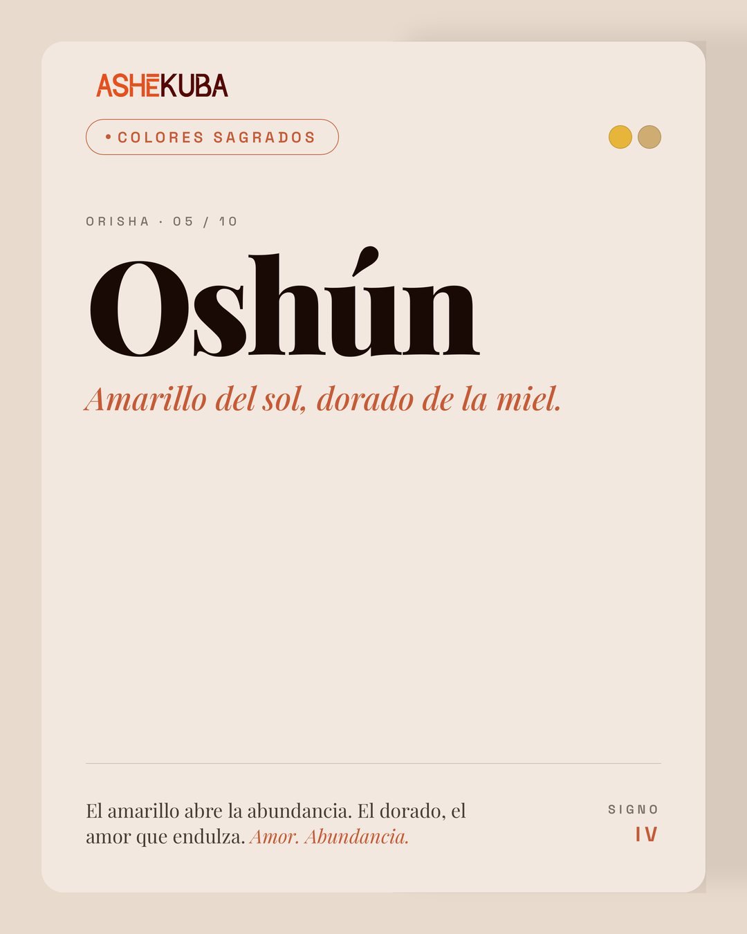 Colores de los Orishas: Oshún, amarillo del sol y dorado de la miel