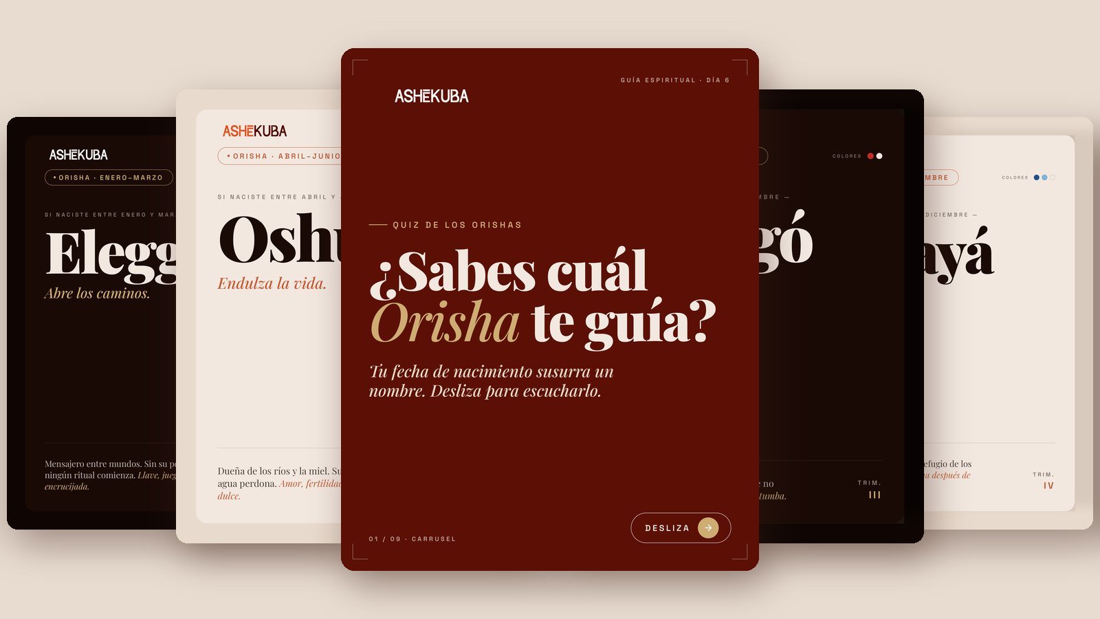 Diapositivas de Ashekuba: ¿Sabes cuál Orisha te guía? con Elegguá, Oshún, Shangó y Yemayá