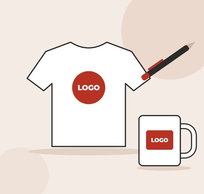 Ilustración: camiseta, taza y bolígrafo con un logo de ejemplo
