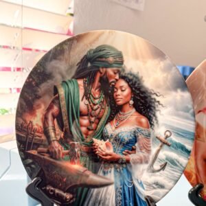 Foto real del plato decorativo de Ogún y Yemayá