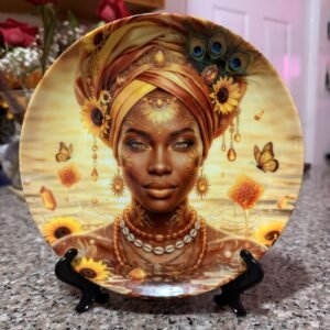 Foto real del plato decorativo de Oshún – Girasoles y miel