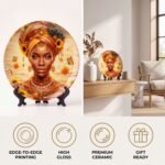 Detalles del plato decorativo de Oshún – Girasoles y miel: cerámica de alto brillo, colores de borde a borde e incluye atril