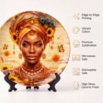 Detalles del plato decorativo de Oshún – Girasoles y miel: cerámica de alto brillo, colores de borde a borde e incluye atril