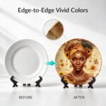 Detalles del plato decorativo de Oshún – Girasoles y miel: cerámica de alto brillo, colores de borde a borde e incluye atril