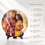 Detalles del plato decorativo de Shangó y Oshún: cerámica de alto brillo, colores de borde a borde e incluye atril