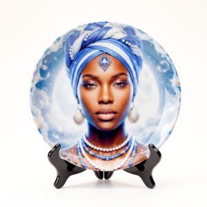 Plato decorativo de cerámica de Yemayá con turbante azul y blanco, perlas y nubes