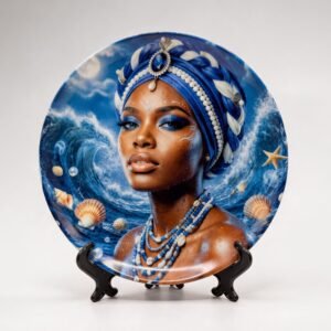 Plato decorativo de cerámica de Yemayá con turbante azul, olas y caracoles