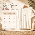 Guía de tallas de la camiseta unisex Ashekuba: largo y ancho en pulgadas, tallas S a 2XL