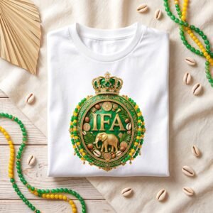 Camiseta de Ifá color blanco, emblema IFÁ con corona, elefante dorado, cauris y collares verde y amarillo