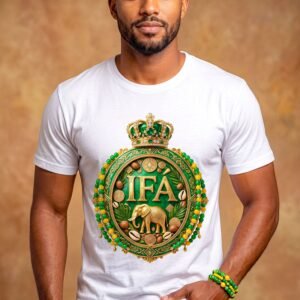 Camiseta de Ifá color blanco, emblema IFÁ con corona, elefante dorado, cauris y collares verde y amarillo