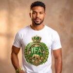 Camiseta de Ifá color blanco, emblema IFÁ con corona, elefante dorado, cauris y collares verde y amarillo