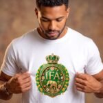 Camiseta de Ifá color blanco, emblema IFÁ con corona, elefante dorado, cauris y collares verde y amarillo
