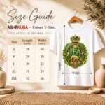 Guía de tallas de la camiseta unisex Ashekuba: largo y ancho en pulgadas, tallas S a 2XL
