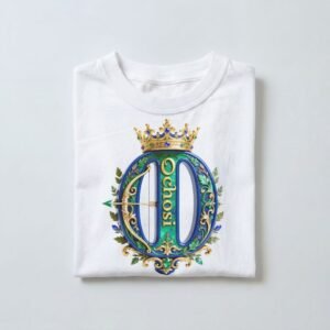 Camiseta de Ochosi color blanco, emblema con corona, arco y flecha en azul, verde y dorado
