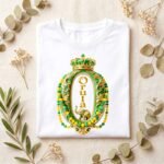 Camiseta de Orula color blanco, diseño Orula con corona, collares verde y amarillo y elefante dorado