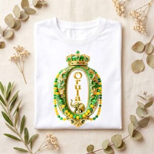 Camiseta de Orula color blanco, diseño Orula con corona, collares verde y amarillo y elefante dorado