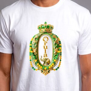 Camiseta de Orula color blanco, diseño Orula con corona, collares verde y amarillo y elefante dorado