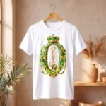 Camiseta de Orula color blanco, diseño Orula con corona, collares verde y amarillo y elefante dorado
