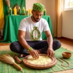 Camiseta de Orula color blanco, diseño Orula con corona, collares verde y amarillo y elefante dorado
