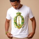 Camiseta de Orula color blanco, diseño Orula con corona, collares verde y amarillo y elefante dorado