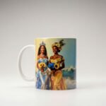 Taza de cerámica de 11 oz con Oshún y Yemayá juntas con ramos de girasoles, donde el río se une al mar