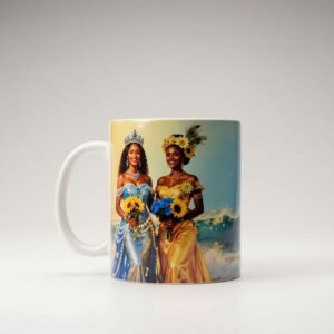 Taza de cerámica de 11 oz con Oshún y Yemayá juntas con ramos de girasoles, donde el río se une al mar