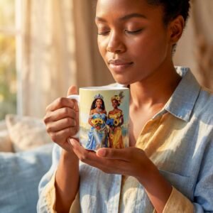Taza de Oshún y Yemayá juntas con ramos de girasoles, donde el río se une al mar