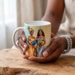 Taza de Oshún y Yemayá juntas con ramos de girasoles, donde el río se une al mar