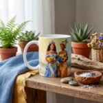 Taza de Oshún y Yemayá juntas con ramos de girasoles, donde el río se une al mar