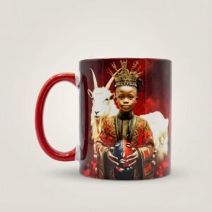 Taza de cerámica de 11 oz de Eleguá niño con su corona y un chivo, asa e interior rojo