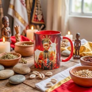 Taza de Eleguá niño con su corona y un chivo, asa e interior rojo