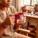 Taza de Eleguá niño con su corona y un chivo, asa e interior rojo
