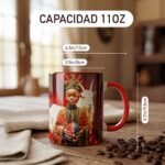 Taza de Eleguá niño con su corona y un chivo, asa e interior rojo