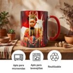 Taza de Eleguá niño con su corona y un chivo, asa e interior rojo