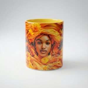 Taza de cerámica de 11 oz de Oshún envuelta en flores naranjas y doradas, asa e interior amarillo
