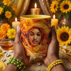Taza de Oshún envuelta en flores naranjas y doradas, asa e interior amarillo