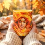 Taza de Oshún envuelta en flores naranjas y doradas, asa e interior amarillo