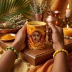 Taza de Oshún envuelta en flores naranjas y doradas, asa e interior amarillo