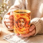 Taza de Oshún envuelta en flores naranjas y doradas, asa e interior amarillo