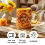 Taza de Oshún envuelta en flores naranjas y doradas, asa e interior amarillo