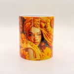 Taza de cerámica de 11 oz de Oshún con girasoles dorados y su nombre en el asa