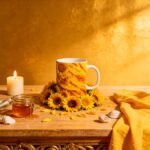 Taza de Oshún con girasoles dorados y su nombre en el asa